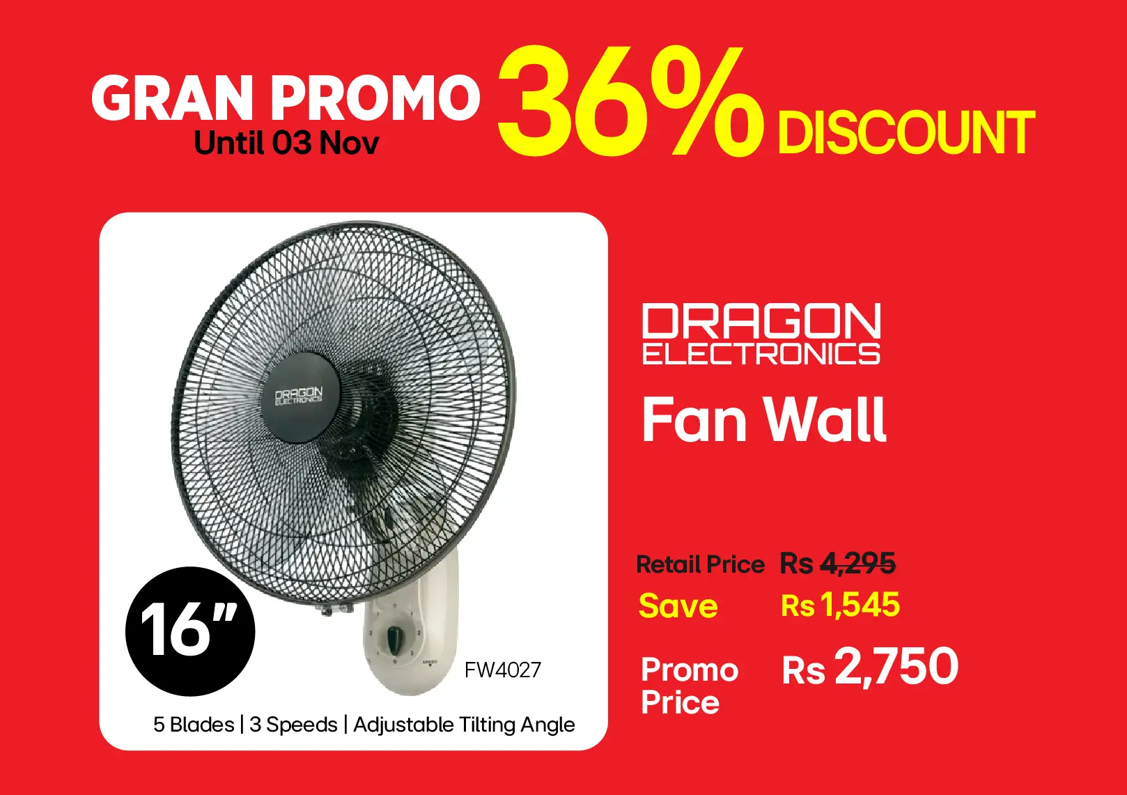 Dragon Electronics Fan Wall 16” FW4027