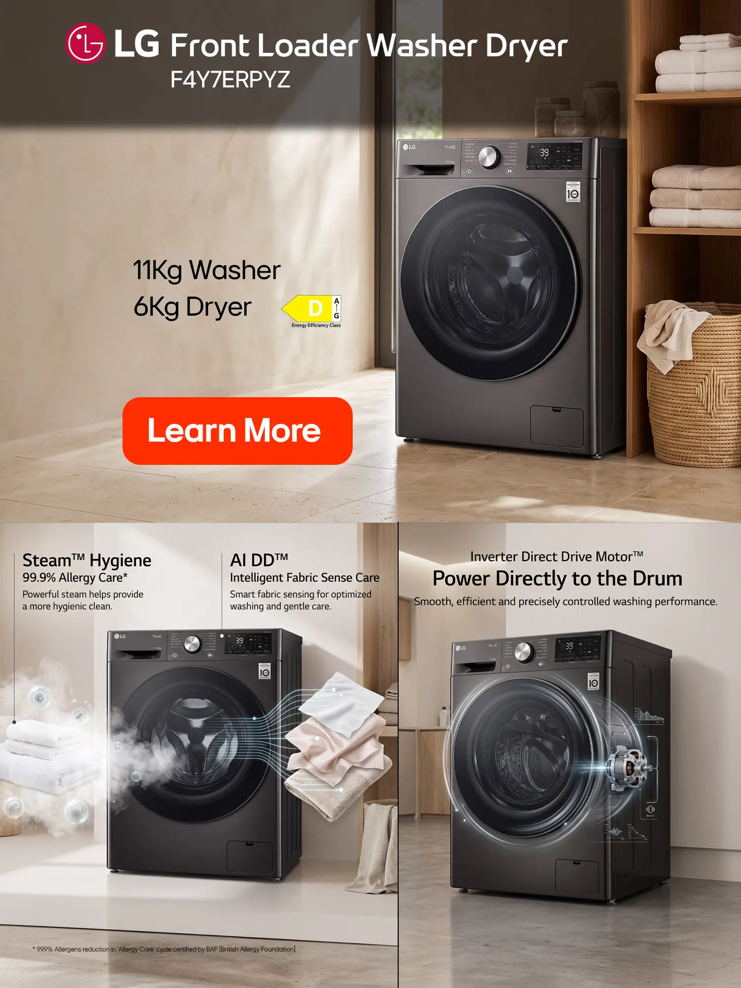 LG Front Loader Washer Dryer 11Kg Washer | 6Kg Dryer F4Y7ERPYZ