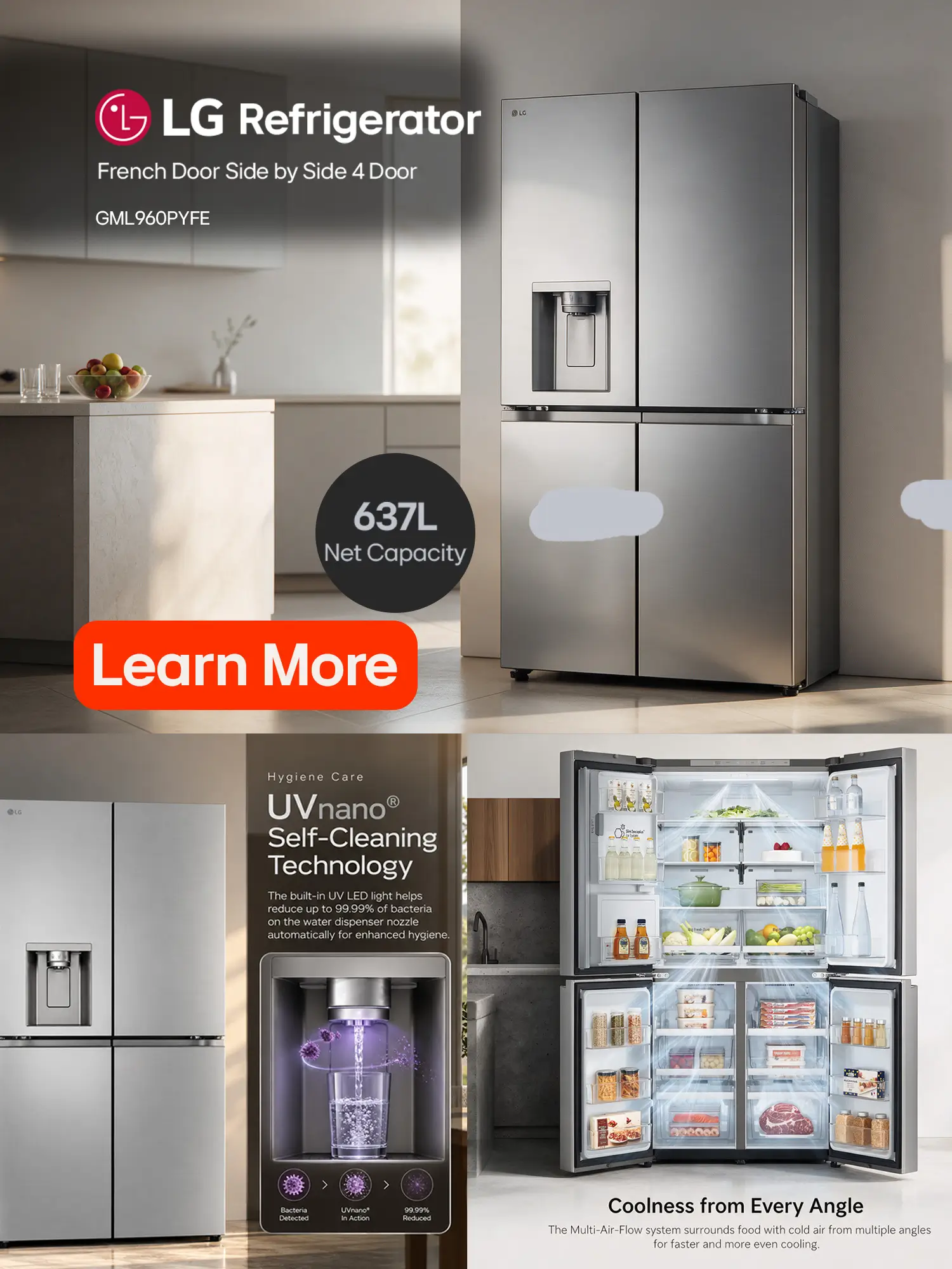 GML960PYFE French Door Side by Side 4 Door Refrigerator 637L Net Capacity