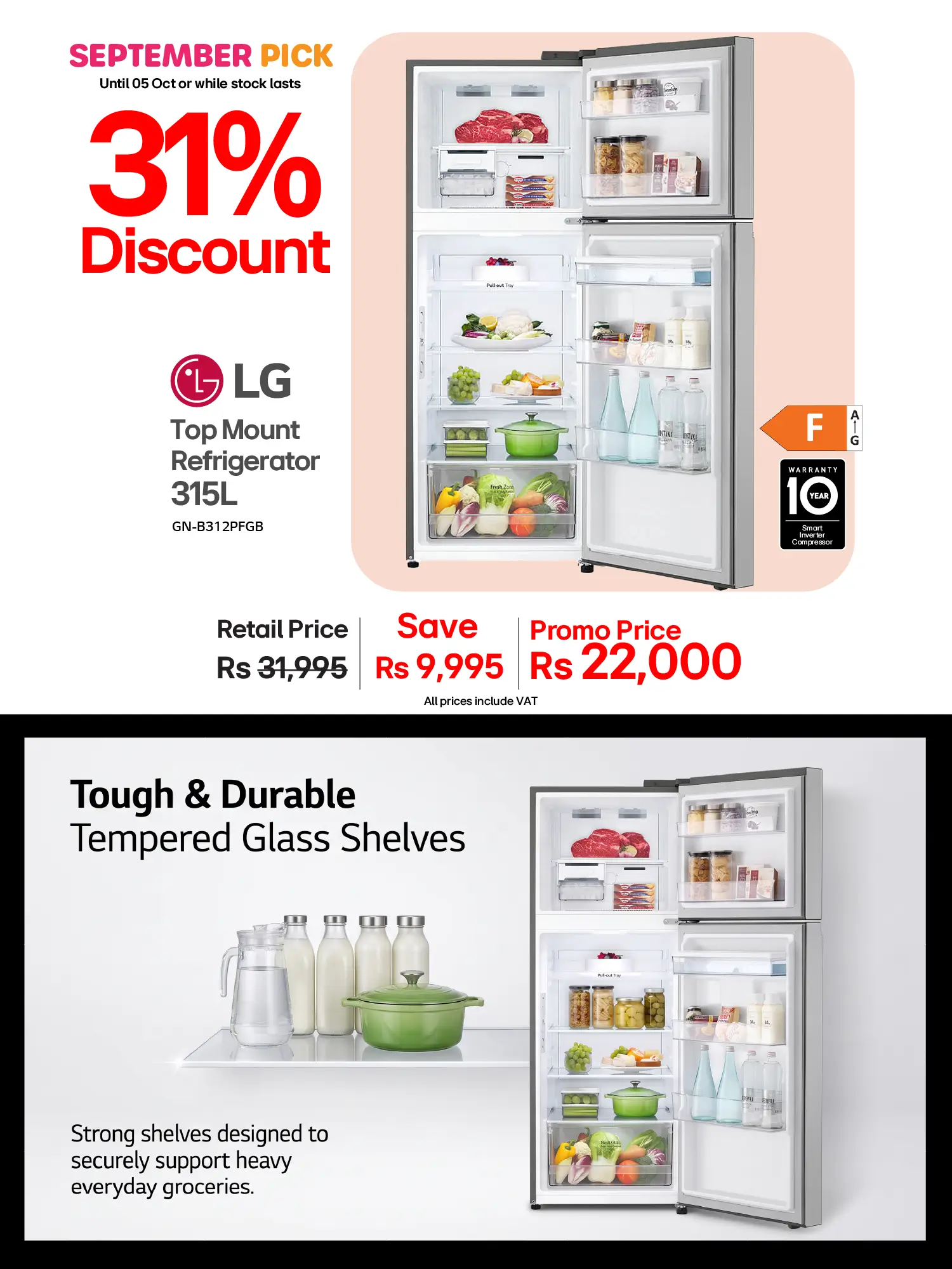 LG Top Mount Refrigerator 315L Net Capacity GN-B312PFGB